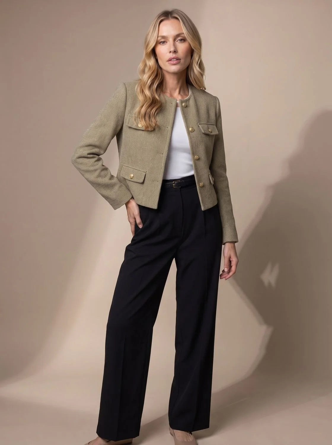 Women's Cropped Collarless Tweed Blazer with Gold Buttons and Flap Pockets 9
