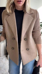 Women's Double-Breasted Blazer with Knitted Sleeves and Notched Lapel 1