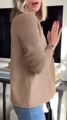 Women's Double-Breasted Blazer with Knitted Sleeves and Notched Lapel 2