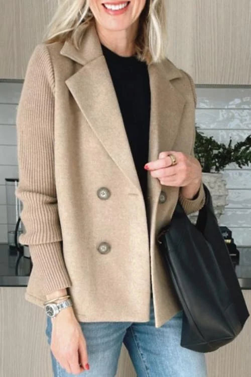 Women's Double-Breasted Blazer with Knitted Sleeves and Notched Lapel 3