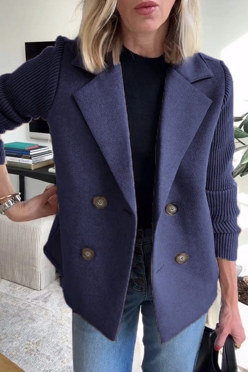 Women's Double-Breasted Blazer with Knitted Sleeves and Notched Lapel 6