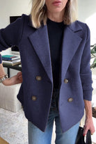 Women's Double-Breasted Blazer with Knitted Sleeves and Notched Lapel 6