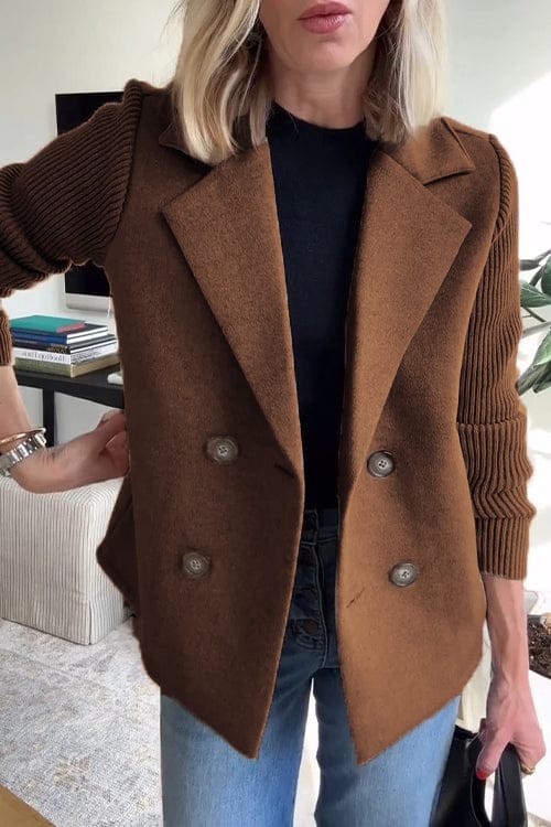 Women's Double-Breasted Blazer with Knitted Sleeves and Notched Lapel 9