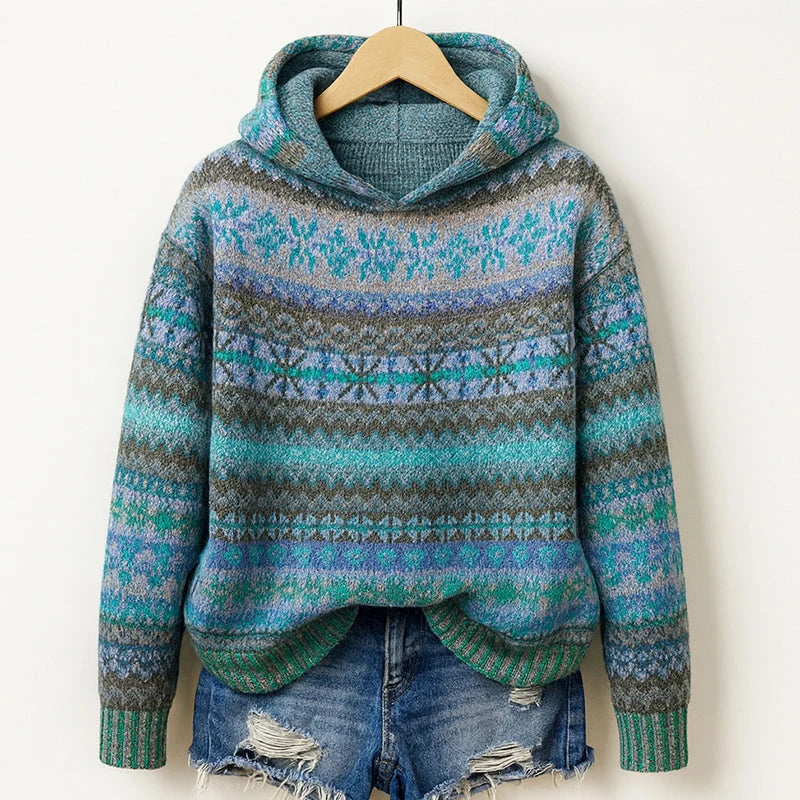 Women's Fair Isle Knit Hoodie with Attached Hood and Ribbed Cuffs 0