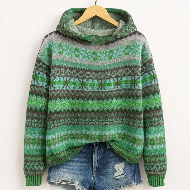 Women's Fair Isle Knit Hoodie with Attached Hood and Ribbed Cuffs 1