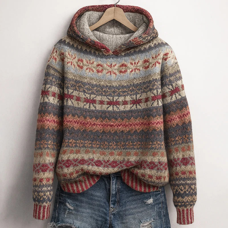 Women's Fair Isle Knit Hoodie with Attached Hood and Ribbed Cuffs 2