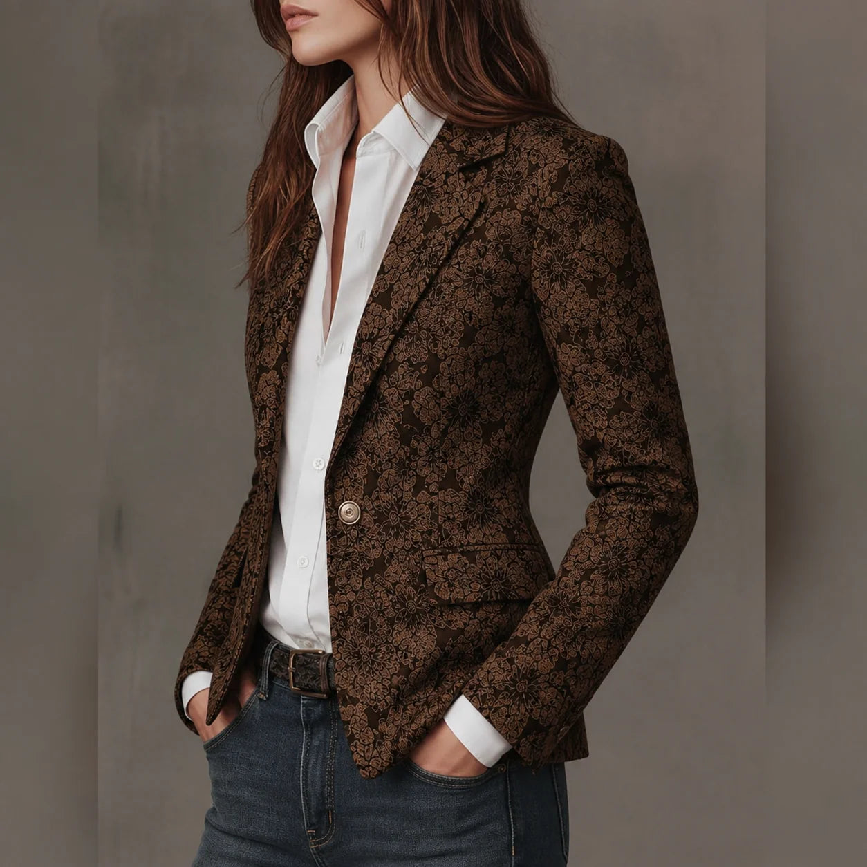 Women's Fitted Paisley Notch Lapel Blazer with Single-Button Closure 1