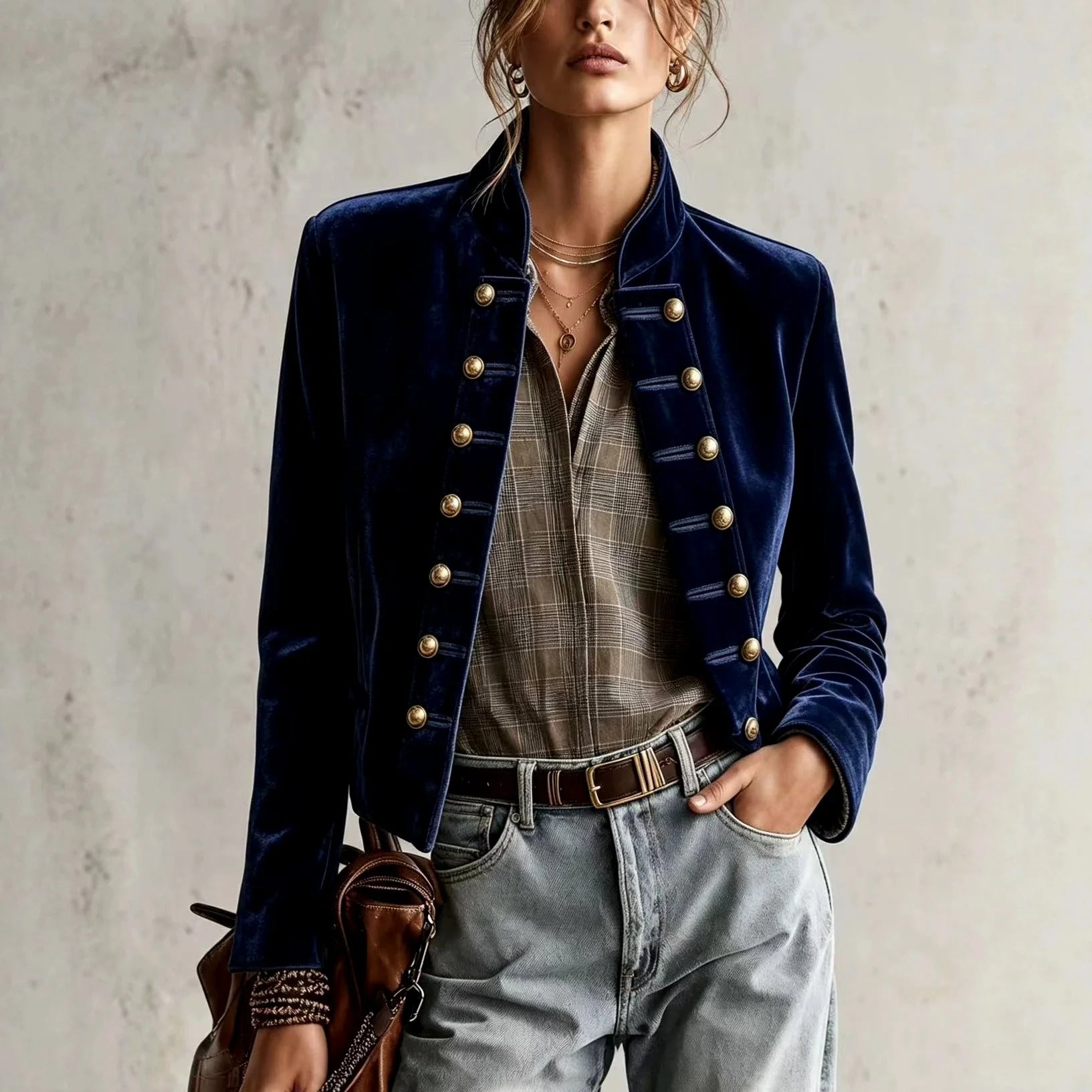 Women's Fitted Velvet Military-Style Blazer with Double-Row Buttons 1