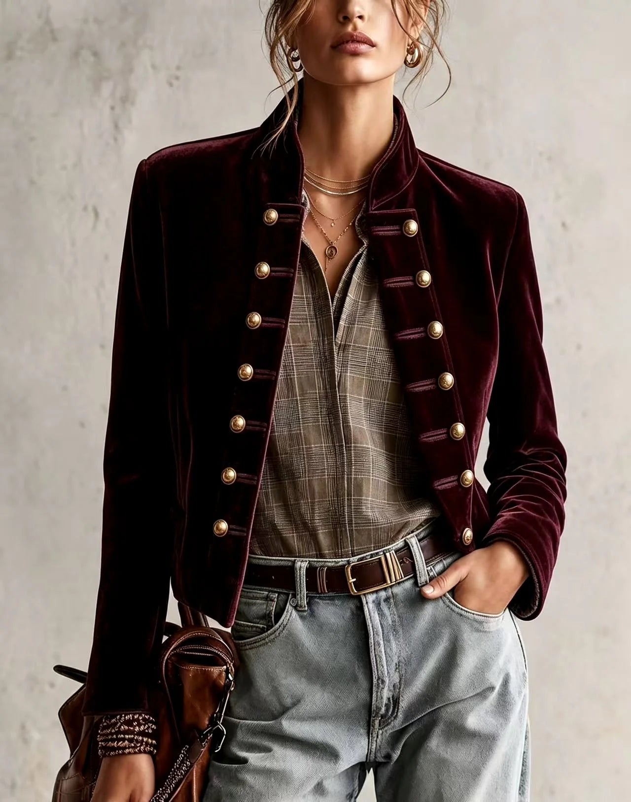 Women's Fitted Velvet Military-Style Blazer with Double-Row Buttons 2