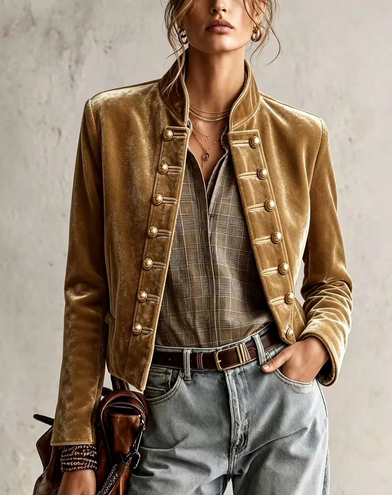 Women's Fitted Velvet Military-Style Blazer with Double-Row Buttons 3