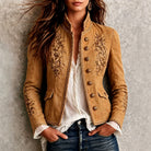Women's Floral Embroidered Stand Collar Blazer with Braided Edging 1