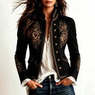 Women's Floral Embroidered Stand Collar Blazer with Braided Edging 2