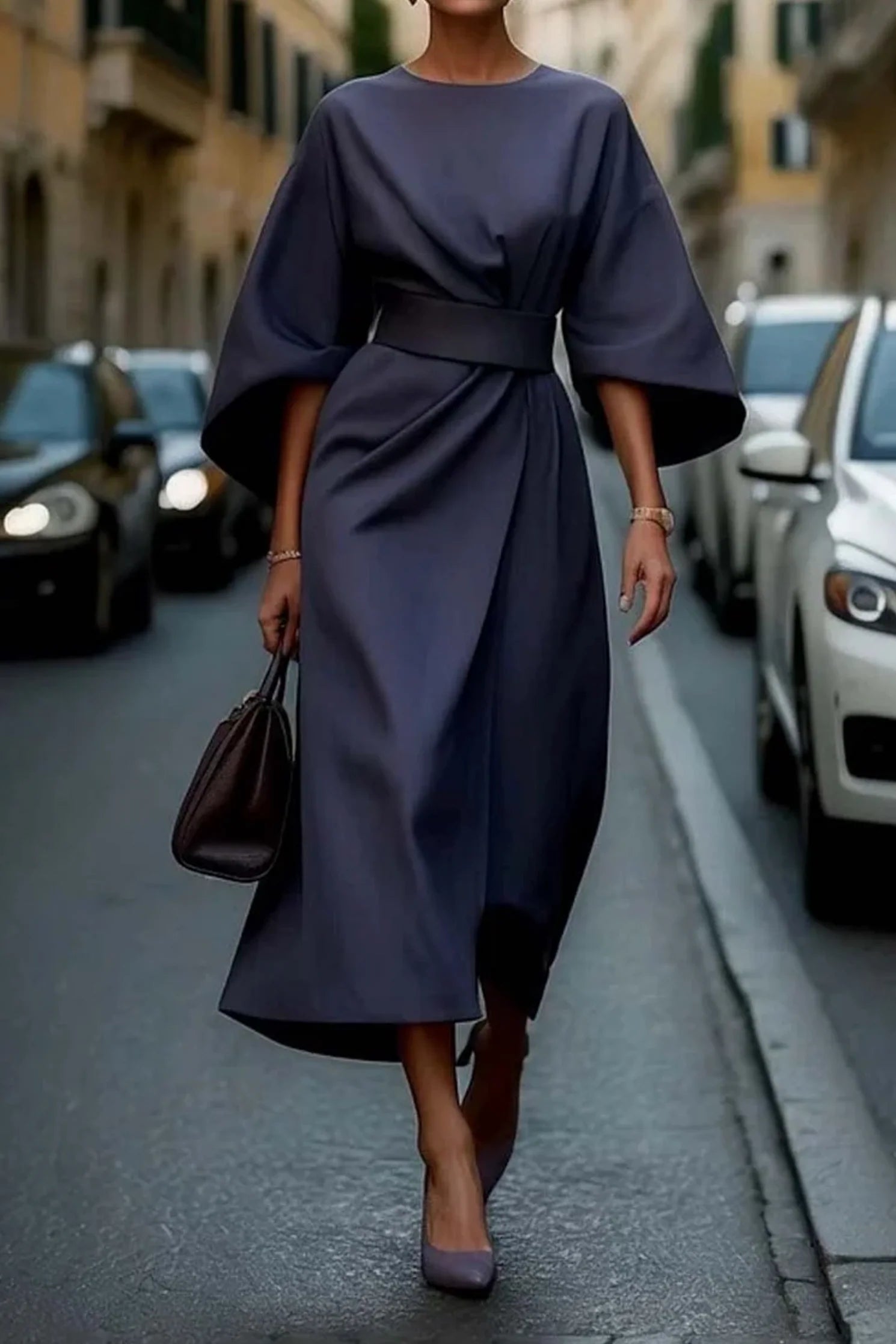 Women's Formal Dress with Lantern Sleeves and Waist Belt 0