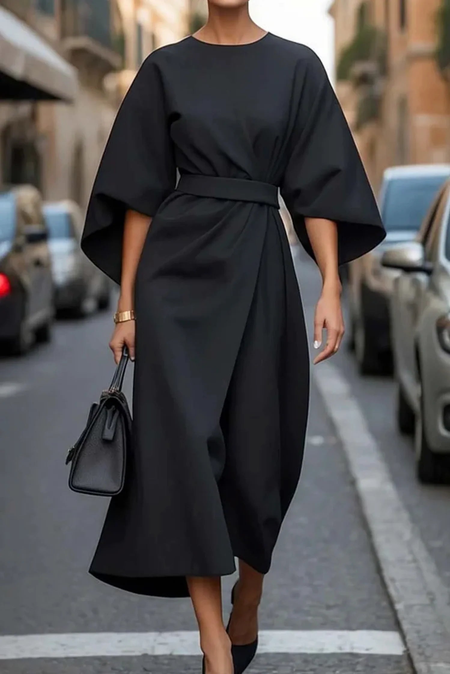 Women's Formal Dress with Lantern Sleeves and Waist Belt 1