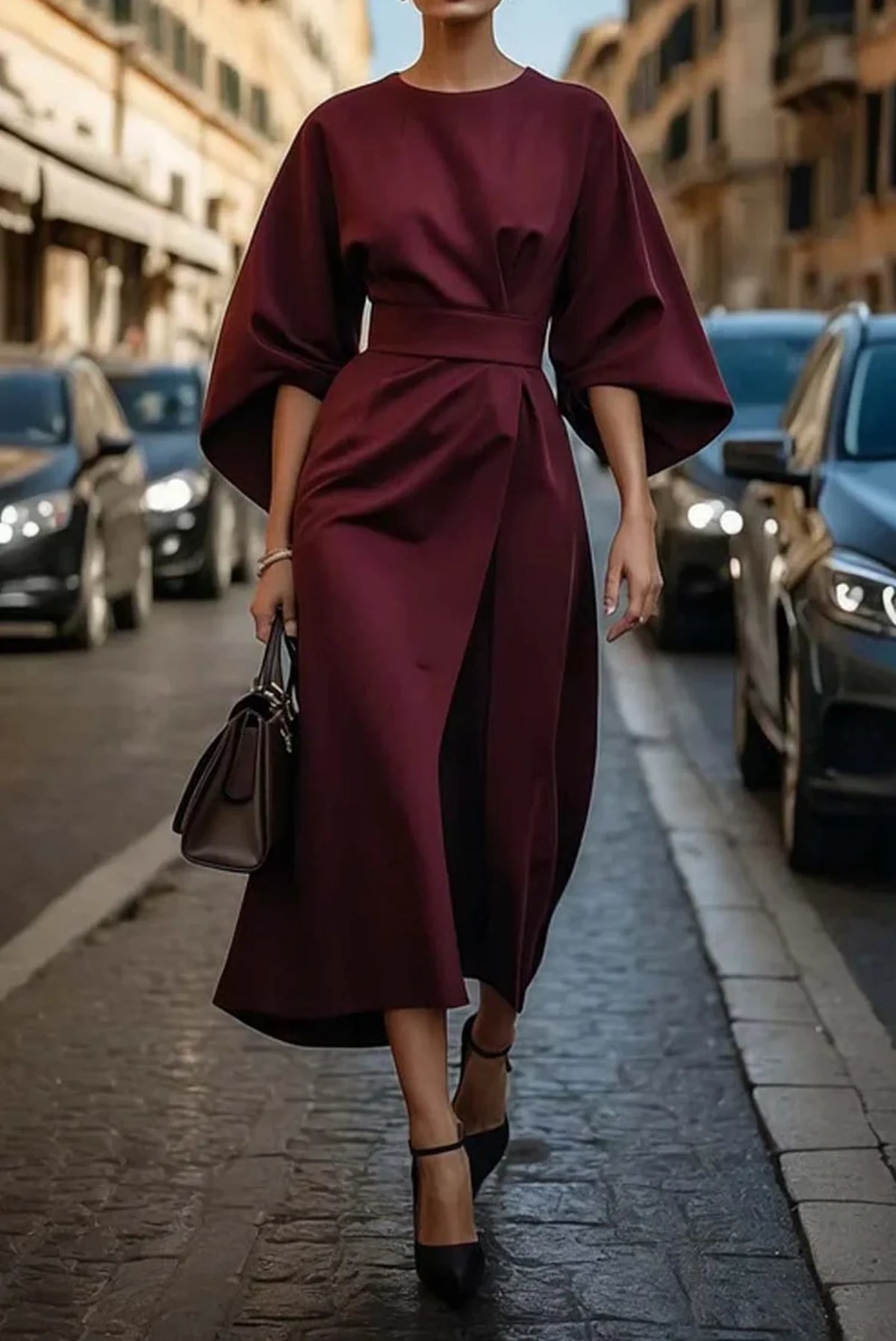 Women's Formal Dress with Lantern Sleeves and Waist Belt 4