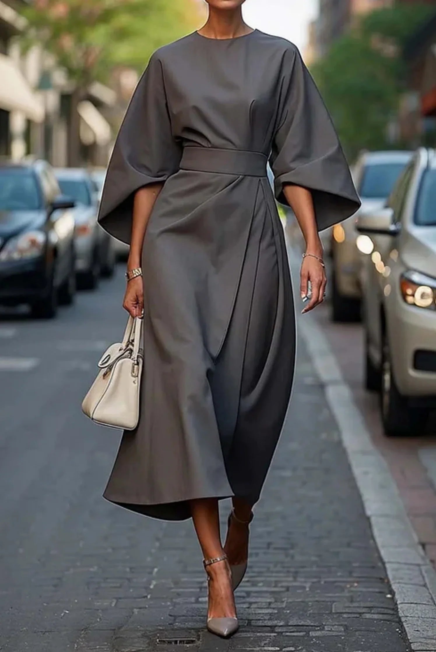 Women's Formal Dress with Lantern Sleeves and Waist Belt 5