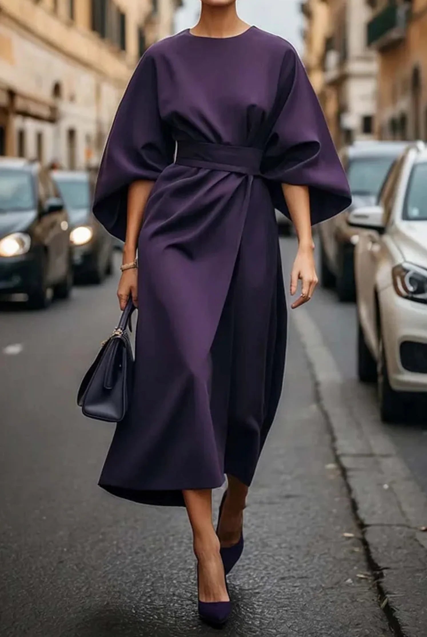 Women's Formal Dress with Lantern Sleeves and Waist Belt 6