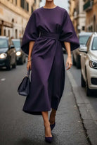 Women's Formal Dress with Lantern Sleeves and Waist Belt 6