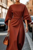 Women's Formal Dress with Lantern Sleeves and Waist Belt 7