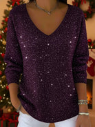 Women's Glitter V-Neck Christmas Sweater with Ribbed Cuffs 2
