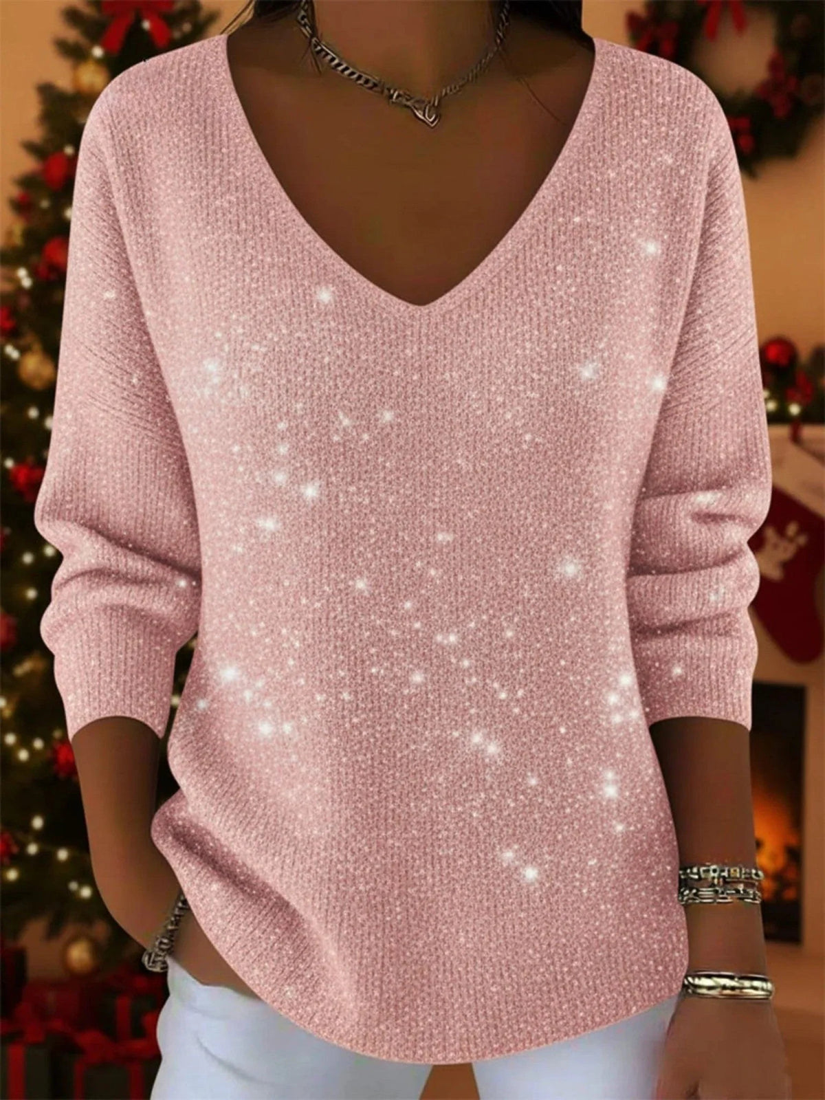 Women's Glitter V-Neck Christmas Sweater with Ribbed Cuffs 4