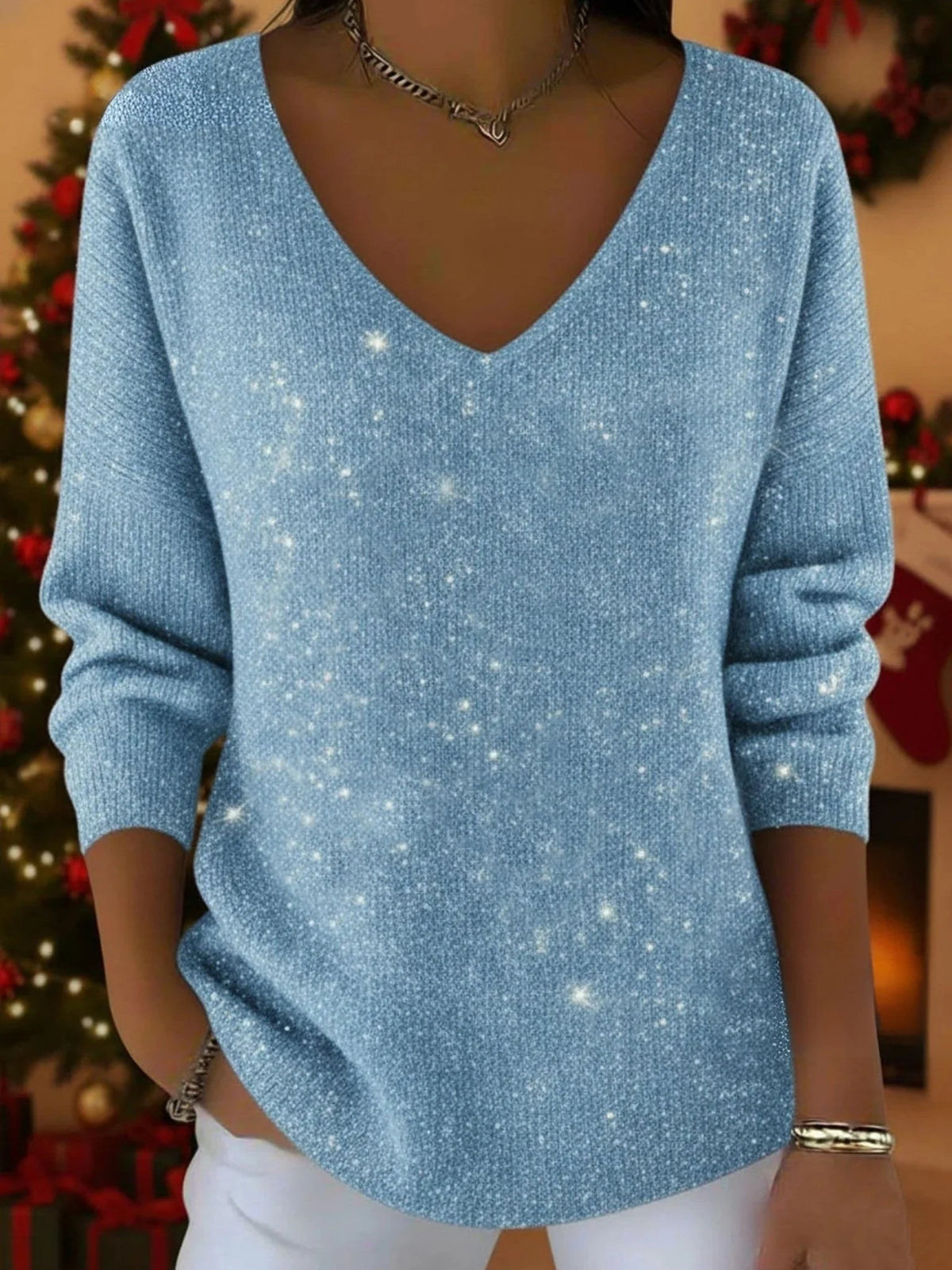 Women's Glitter V-Neck Christmas Sweater with Ribbed Cuffs 6