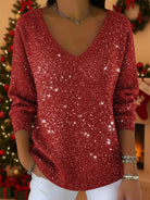 Women's Glitter V-Neck Christmas Sweater with Ribbed Cuffs 8