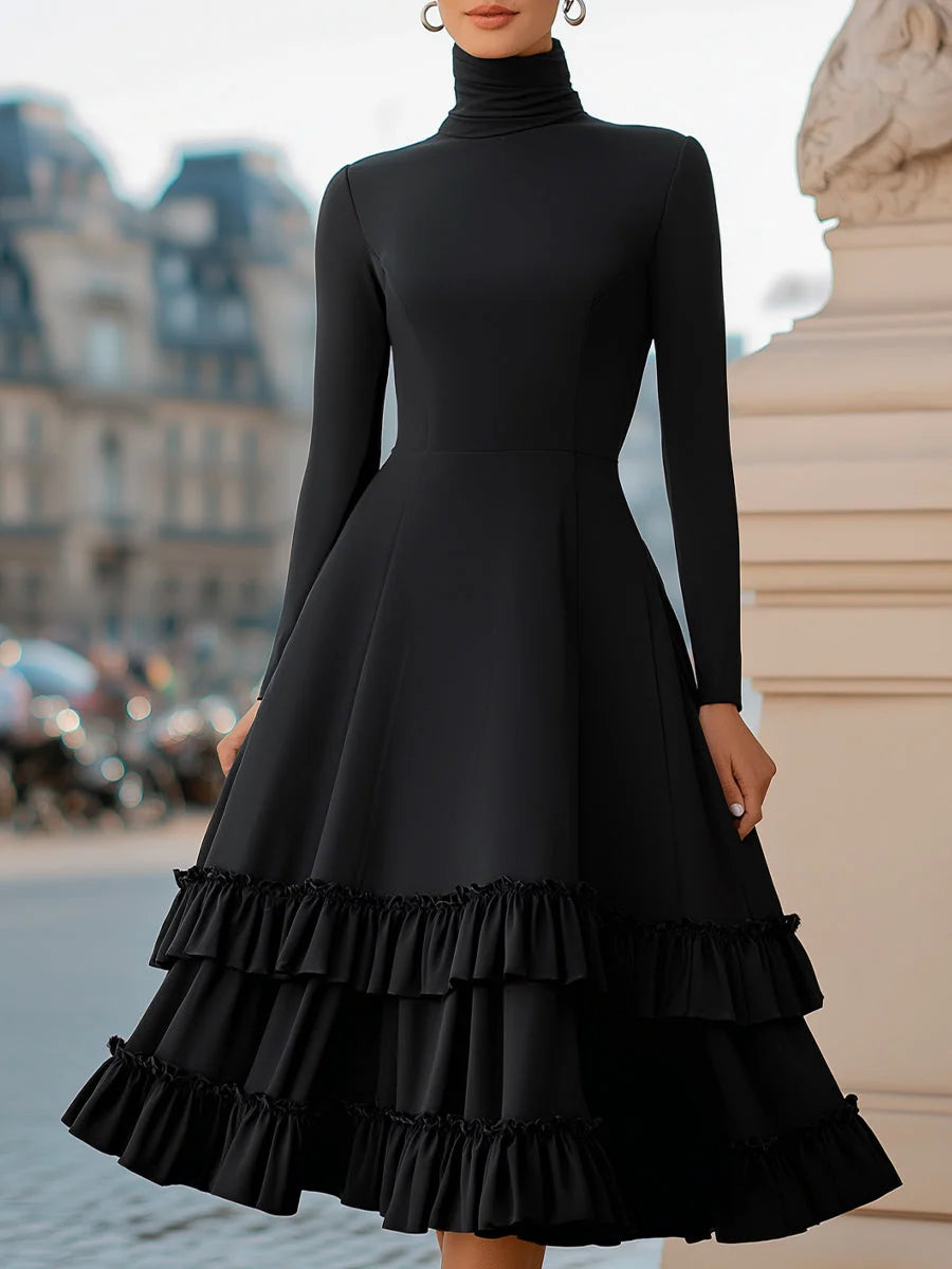 Women's High-Neck A-Line Tiered Ruffle Midi Dress for Formal Occasions 0