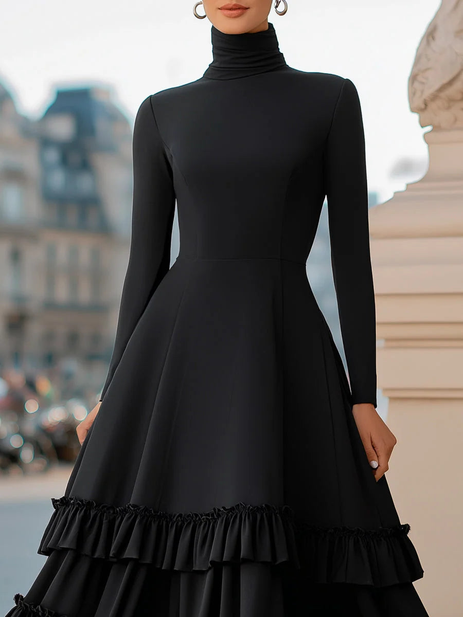 Women's High-Neck A-Line Tiered Ruffle Midi Dress for Formal Occasions 2
