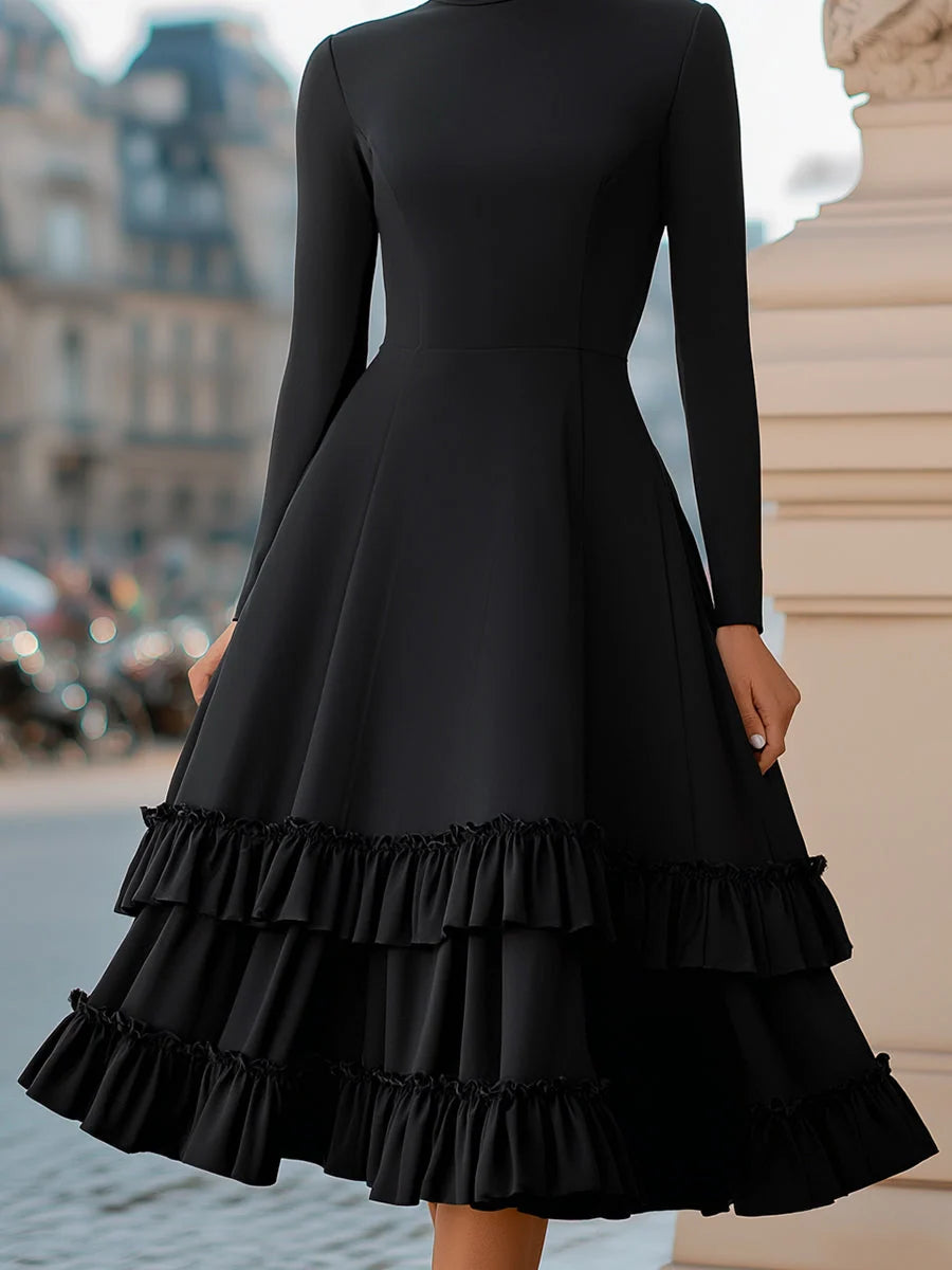 Women's High-Neck A-Line Tiered Ruffle Midi Dress for Formal Occasions 3