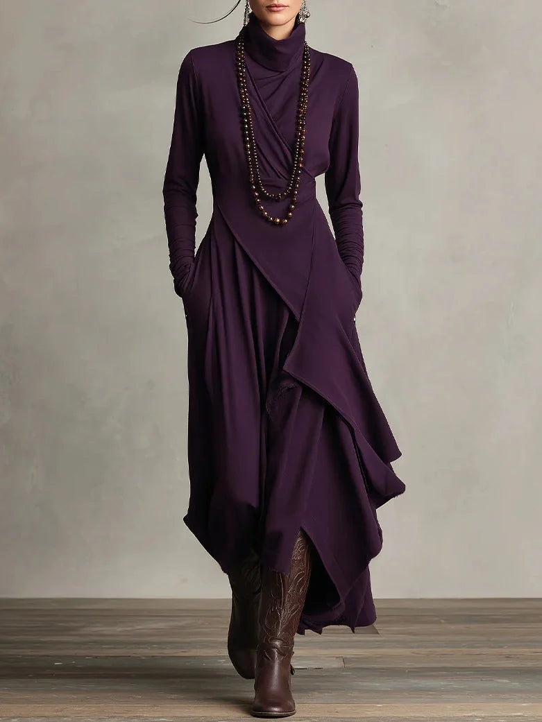 Women's High Neck Long Sleeve Maxi Dress with Asymmetrical Draping 0