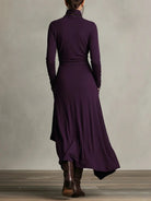 Women's High Neck Long Sleeve Maxi Dress with Asymmetrical Draping 1