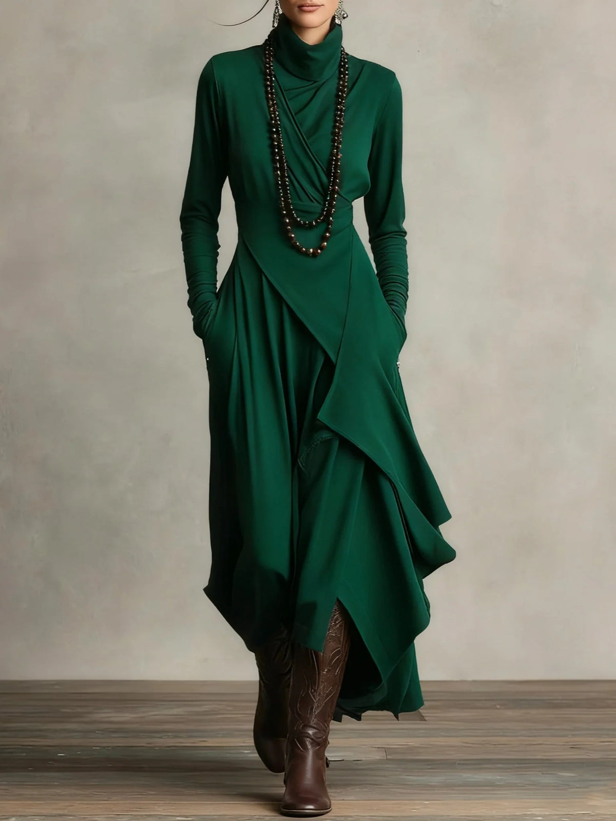 Women's High Neck Long Sleeve Maxi Dress with Asymmetrical Draping 10