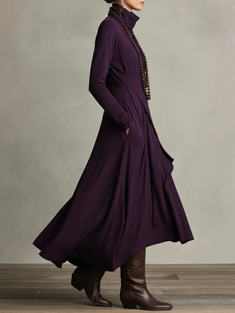Women's High Neck Long Sleeve Maxi Dress with Asymmetrical Draping 2