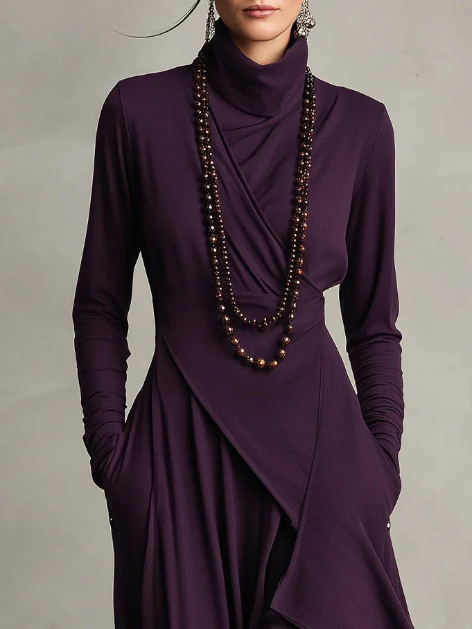 Women's High Neck Long Sleeve Maxi Dress with Asymmetrical Draping 3