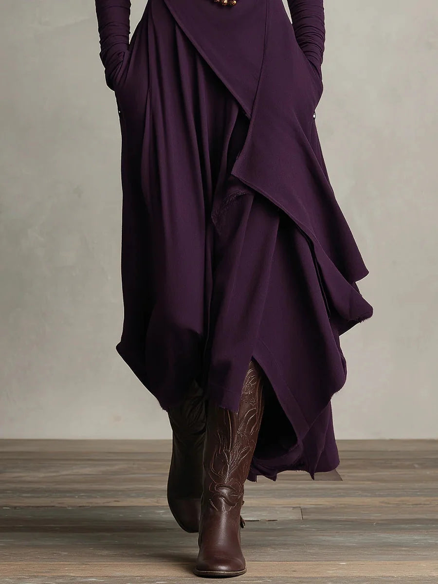 Women's High Neck Long Sleeve Maxi Dress with Asymmetrical Draping 4