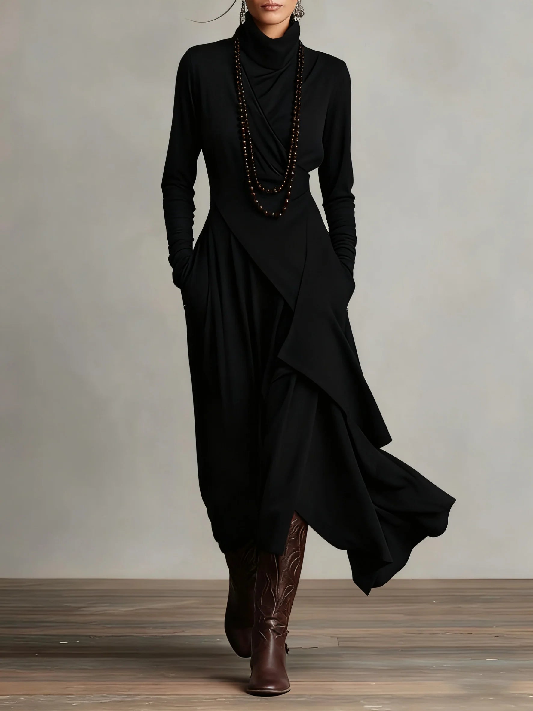 Women's High Neck Long Sleeve Maxi Dress with Asymmetrical Draping 5