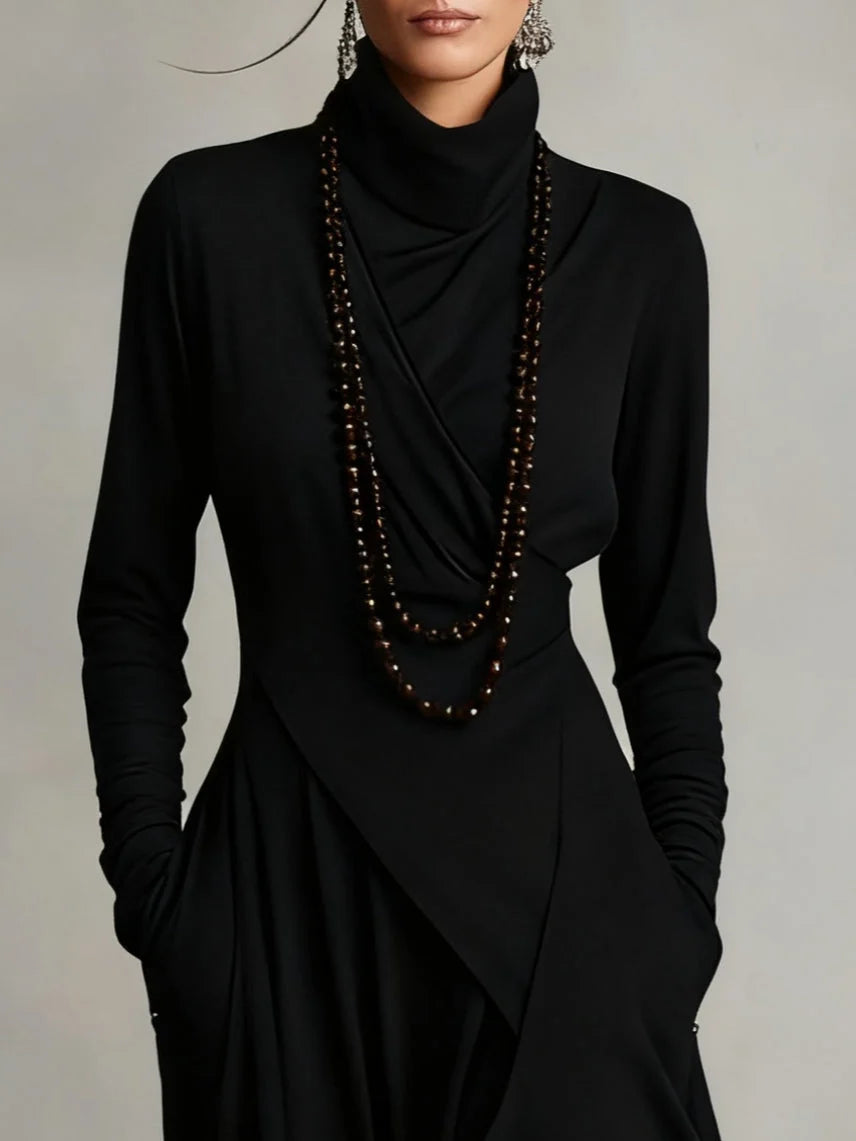 Women's High Neck Long Sleeve Maxi Dress with Asymmetrical Draping 6