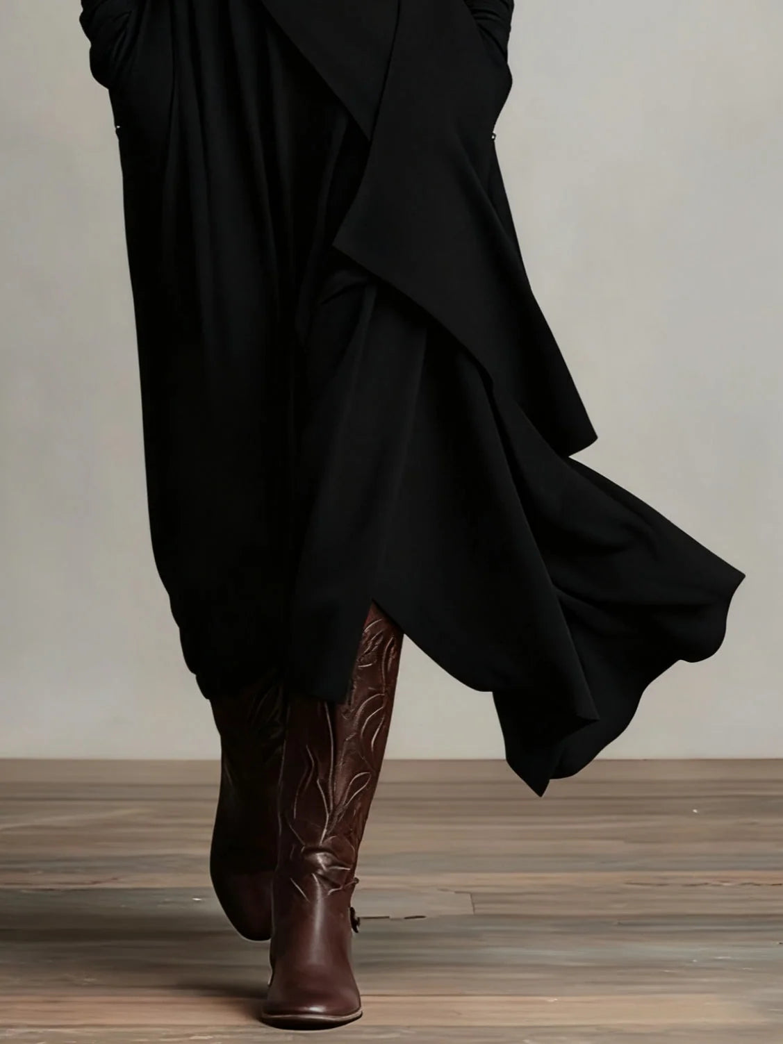 Women's High Neck Long Sleeve Maxi Dress with Asymmetrical Draping 7