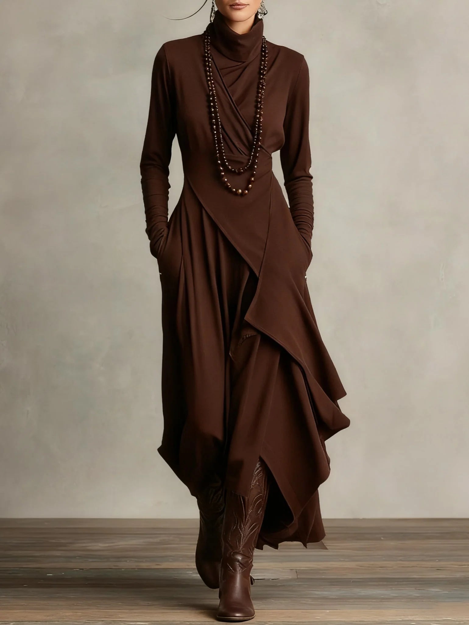 Women's High Neck Long Sleeve Maxi Dress with Asymmetrical Draping 8