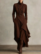 Women's High Neck Long Sleeve Maxi Dress with Asymmetrical Draping 8