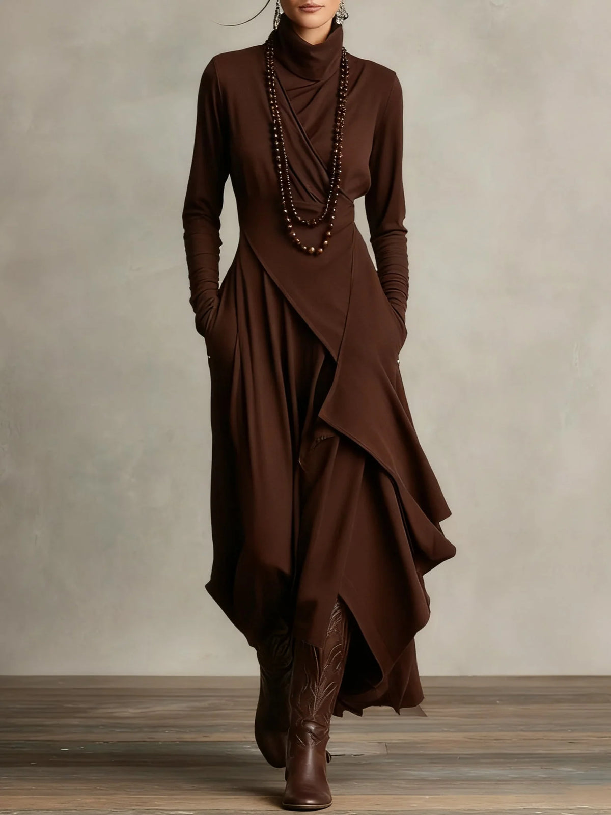 Women's High Neck Long Sleeve Maxi Dress with Asymmetrical Draping 8