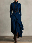 Women's High Neck Long Sleeve Maxi Dress with Asymmetrical Draping 9