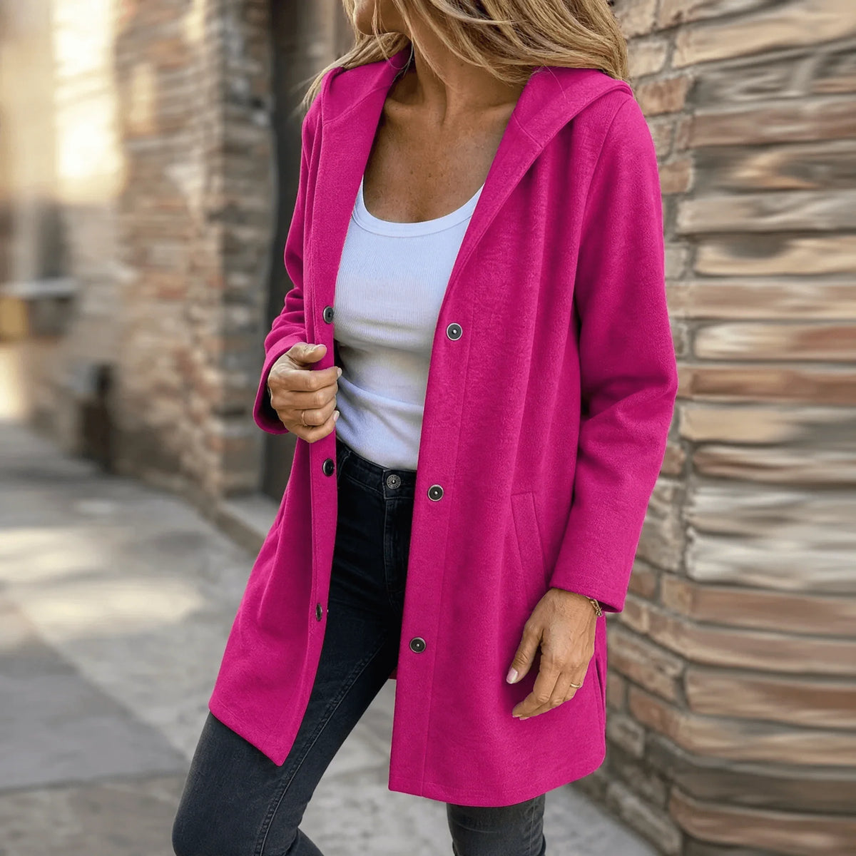 Women's Hooded Button-Front Cardigan with Oversized Hood and Side Pockets 11