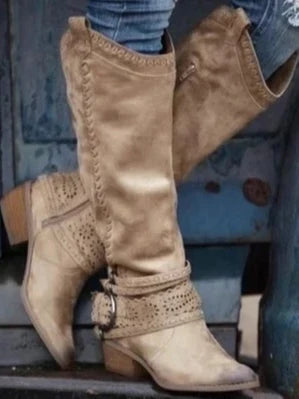 Women's Knee-High Boots with Round Toe, Side Zipper, and Buckle Strap 0