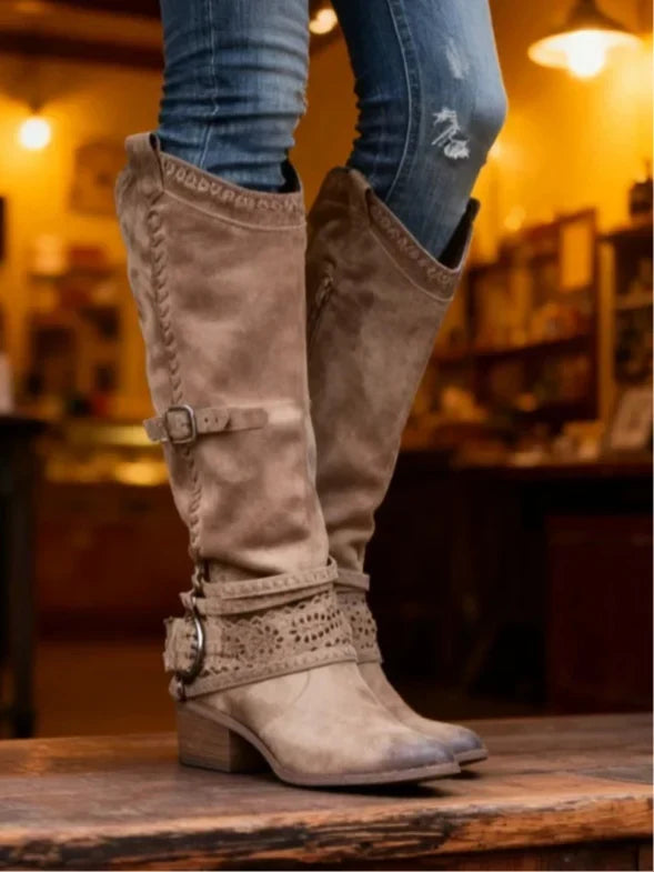 Women's Knee-High Boots with Round Toe, Side Zipper, and Buckle Strap 2