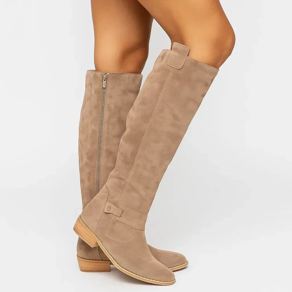 Women's Knee High Suede-Look Boots with Low Block Heel and Slim Shaft 0