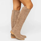 Women's Knee High Suede-Look Boots with Low Block Heel and Slim Shaft 0