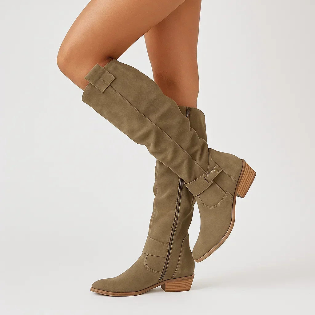 Women's Knee High Suede-Look Boots with Low Block Heel and Slim Shaft 2