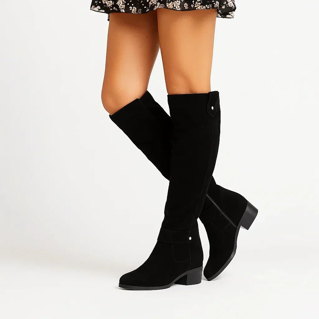Women's Knee High Suede-Look Boots with Low Block Heel and Slim Shaft 3